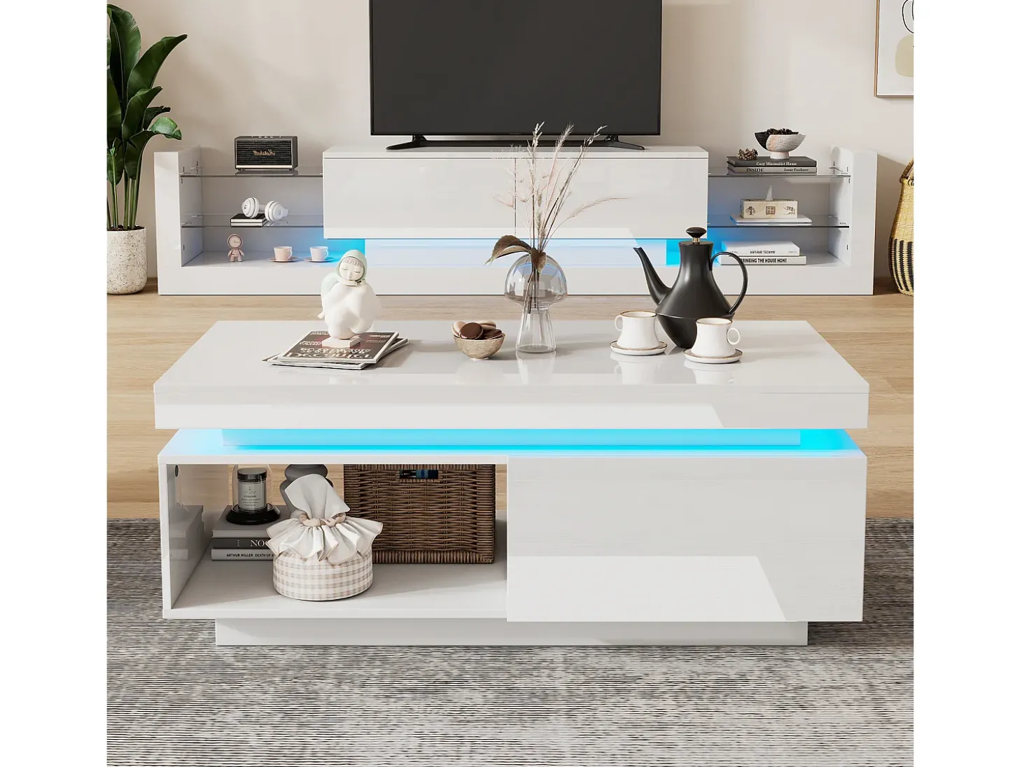 Mesa de centro moderna con iluminación LED, 2 cajones, paneles acrílicos, color blanco (100x50x40,3 cm)