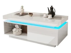 Mesa de centro moderna con iluminación LED, 2 cajones, paneles acrílicos, color blanco (100x50x40,3 cm)