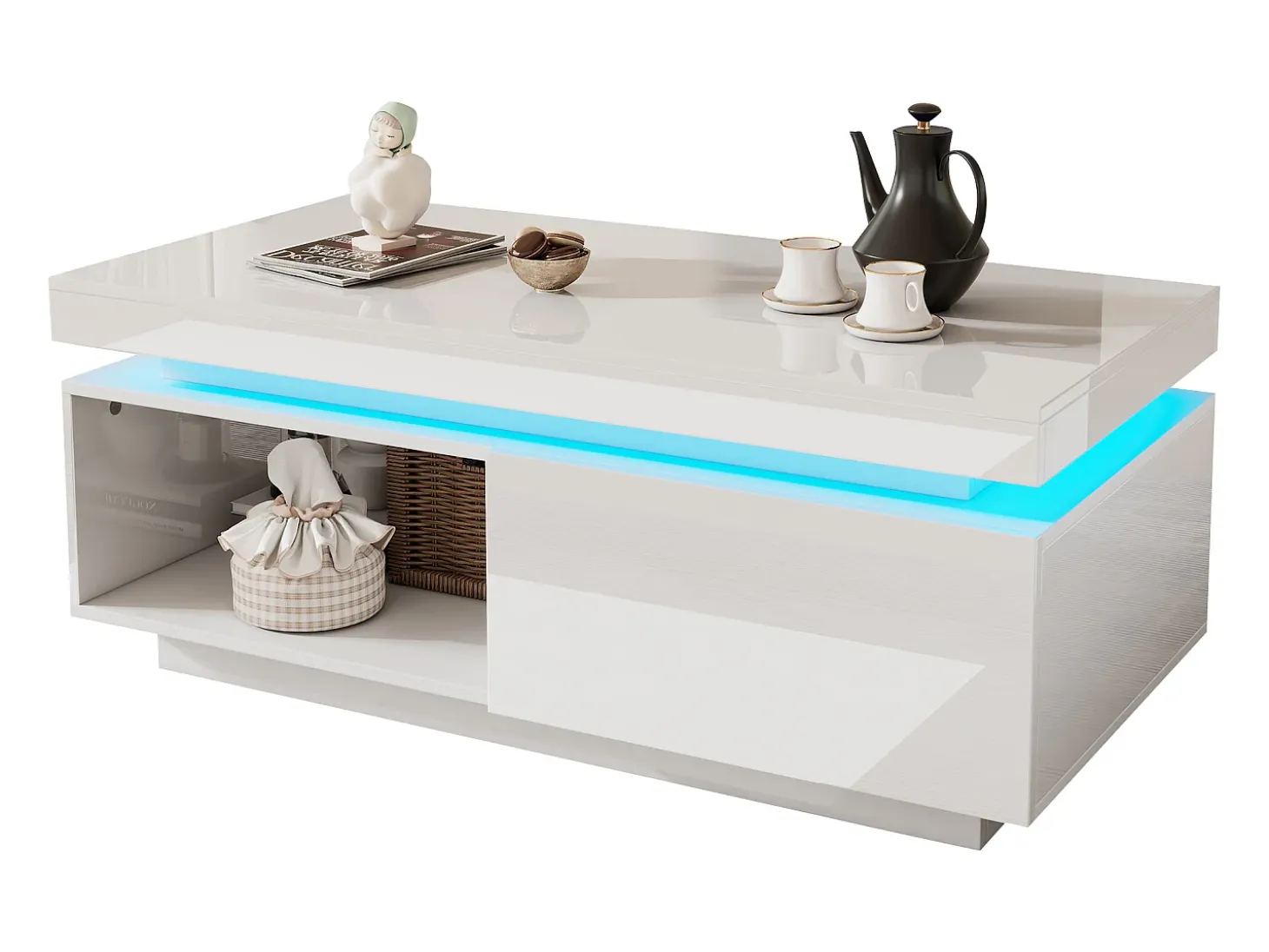 Mesa de centro moderna con iluminación LED, 2 cajones, paneles acrílicos, color blanco (100x50x40,3 cm)