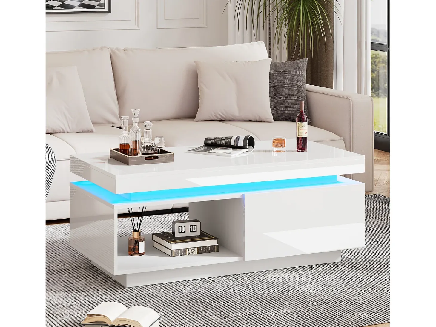 Mesa de centro moderna con iluminación LED, 2 cajones, paneles acrílicos, color blanco (100x50x40,3 cm)