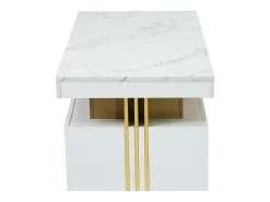Mesa de centro moderna con 2 cajones en chapa de mármol blanco, cantos laterales de metal dorado.