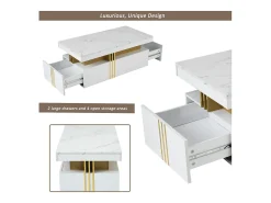 Mesa de centro moderna con 2 cajones en chapa de mármol blanco, cantos laterales de metal dorado.