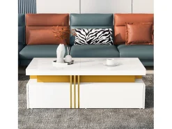 Mesa de centro moderna con 2 cajones en chapa de mármol blanco, cantos laterales de metal dorado.