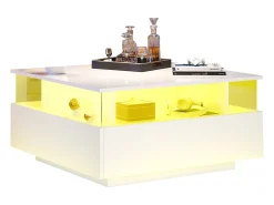 Mesa de centro moderna con 2 cajones y espacio transparente - 70 x 70 x 41 cm - LED - Tablero de partículas - Blanco brillante