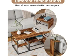 Mesa de centro moderna con almacenamiento de doble capa: diseño anticolisión con esquinas redondeadas, tablero grande de 105 cm con estantes abiertos.
