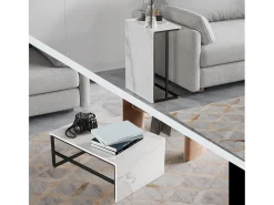 Mesa de centro moderna con almacenamiento de doble capa: diseño anticolisión con esquinas redondeadas, tablero grande de 105 cm con estantes abiertos.