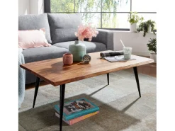 Mesa de Centro Moderna 110x60x40 cm Madera Maciza de Sheesham y Metal | Mesa Auxiliar para Salón Rectangular | Mesita Café con Borde de Árbol Grande para Sofá