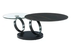 Mesa de centro modular de vidrio templado, cerámica y metal - Efecto mármol negro - JOLINE