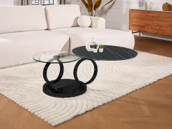 Mesa de centro modular de vidrio templado, cerámica y metal - Efecto mármol negro - JOLINE