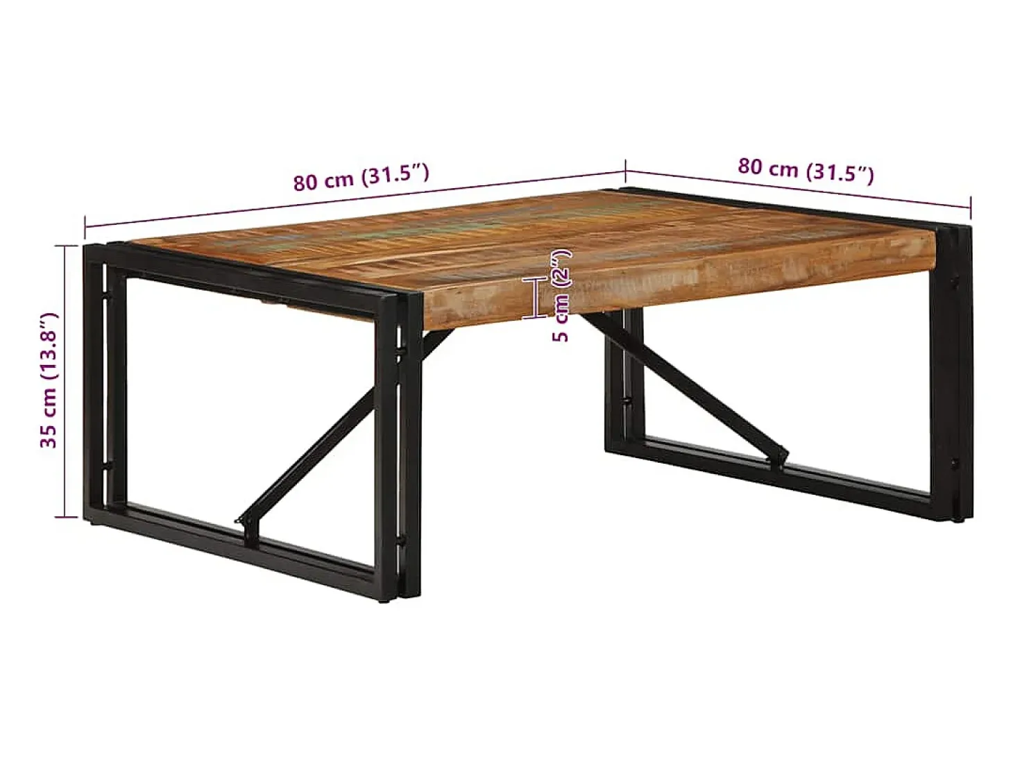 Mesa de centro multicolor 80x80x35 cm madera maciza reciclada