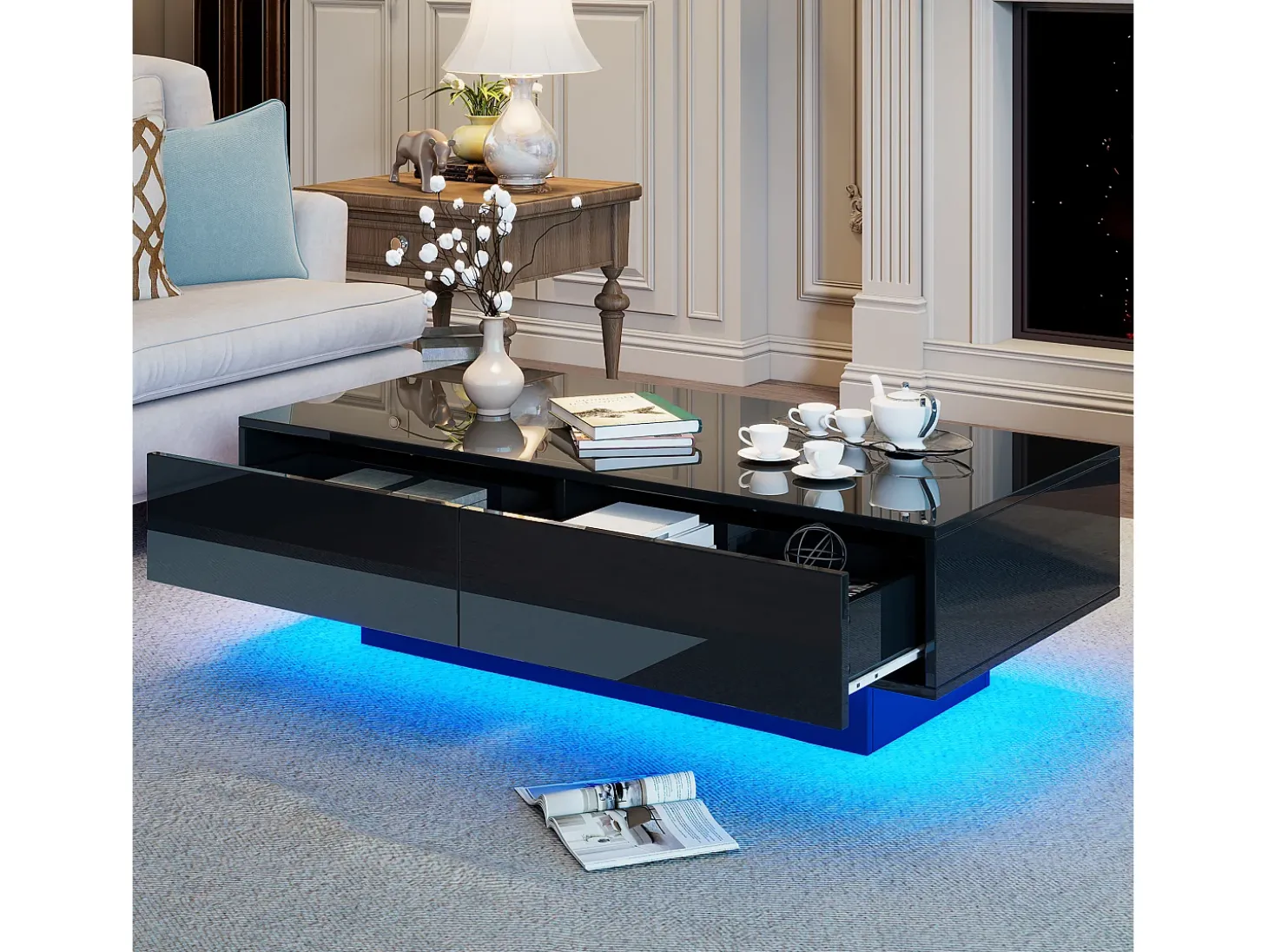 Mesa de centro negra brillante con 2 cajones de almacenamiento y luz LED – Para salón