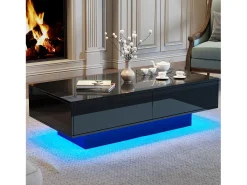 Mesa de centro negra brillante con 2 cajones de almacenamiento y luz LED – Para salón