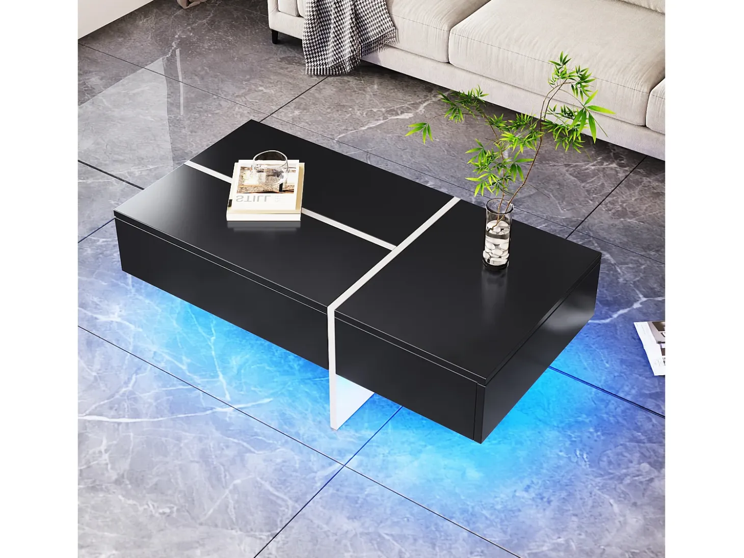 Mesa de centro negra brillante, mesa de salón, tablero de mármol con LED, 100 x 50 x 34,5 cm