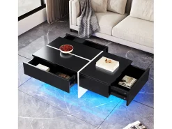 Mesa de centro negra brillante, mesa de salón, tablero de mármol con LED, 100 x 50 x 34,5 cm