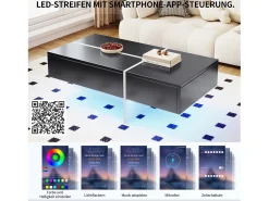 Mesa de centro negra brillante, mesa de salón, tablero de mármol con LED, 100 x 50 x 34,5 cm