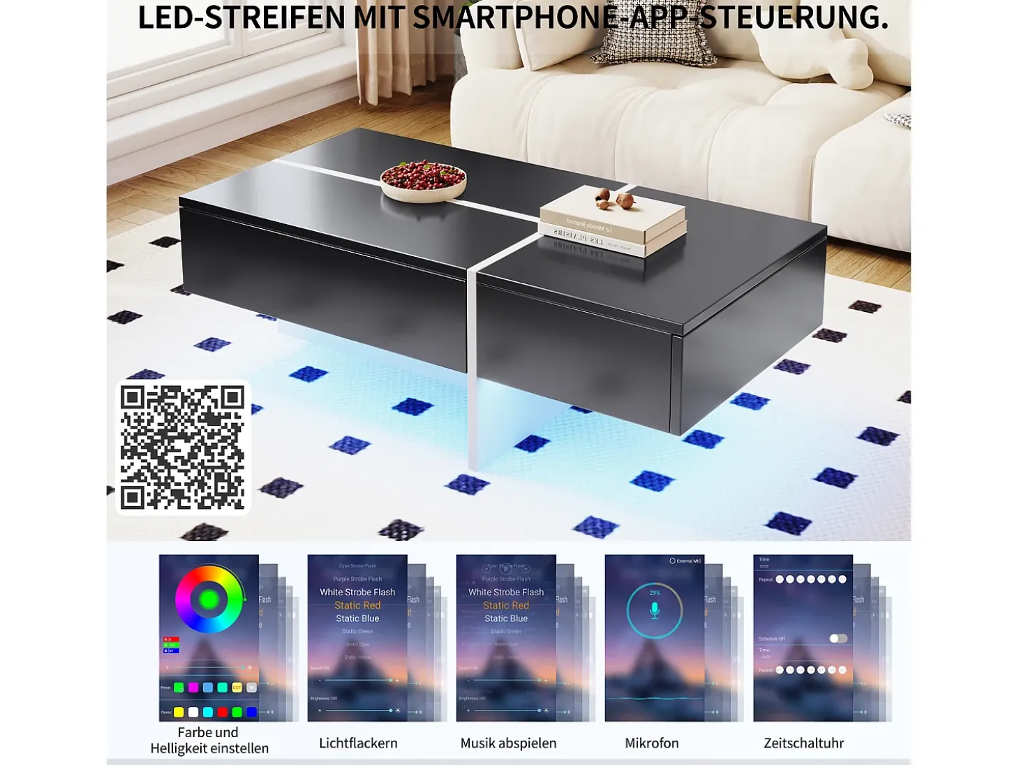 Mesa de centro negra brillante, mesa de salón, tablero de mármol con LED, 100 x 50 x 34,5 cm