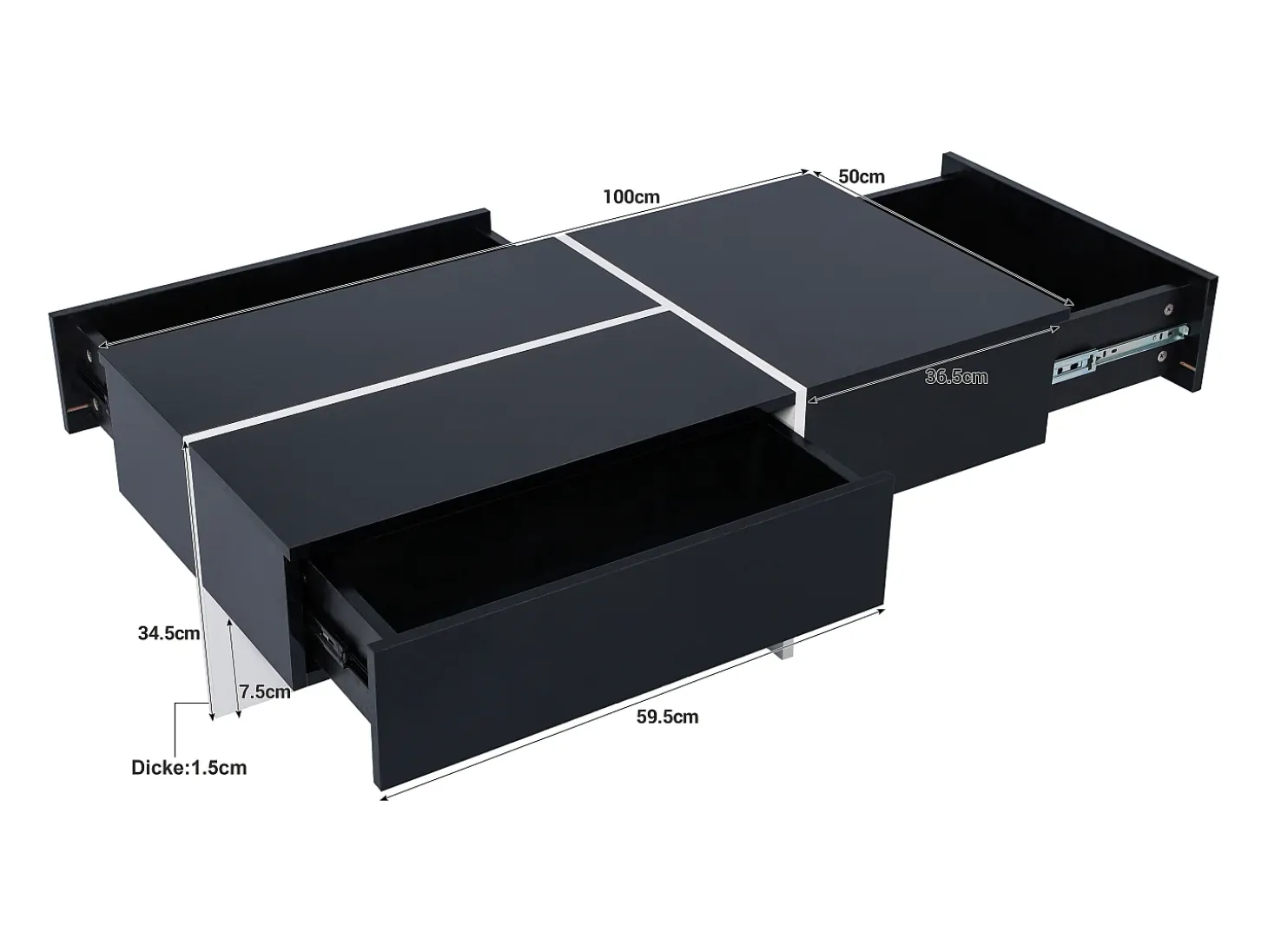 Mesa de centro negra brillante, mesa de salón, tablero de mármol con LED, 100 x 50 x 34,5 cm
