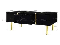 Mesa de centro negra con 2 cajones de almacenamiento y patas doradas - para salón y oficina