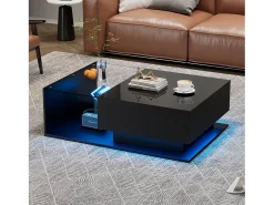 Mesa de centro negra de 100 x 50 cm con LED, cajón y tablero de cristal - para salón y oficina