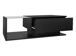 Mesa de centro negra de 100 x 50 cm con LED, cajón y tablero de cristal - para salón y oficina