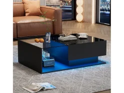 Mesa de centro negra de 100 x 50 cm con LED, cajón y tablero de cristal - para salón y oficina