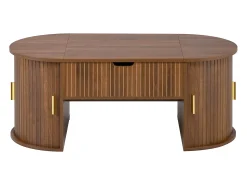 Mesa de centro ovalada elevable 100x50x40,5 cm - Estantes abiertos y almacenamiento oculto - 2 puertas correderas - MDF - Marrón