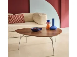 Mesa de centro ovalada patas cromadas y efecto madera nogal