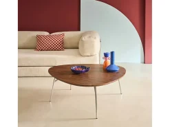 Mesa de centro ovalada patas cromadas y efecto madera nogal