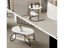 Mesa de centro pequeña minimalista moderna de mármol blanco para sala de estar, mesa auxiliar para sofá o mesa de exhibición, fácil de montar, ahorra espacio.