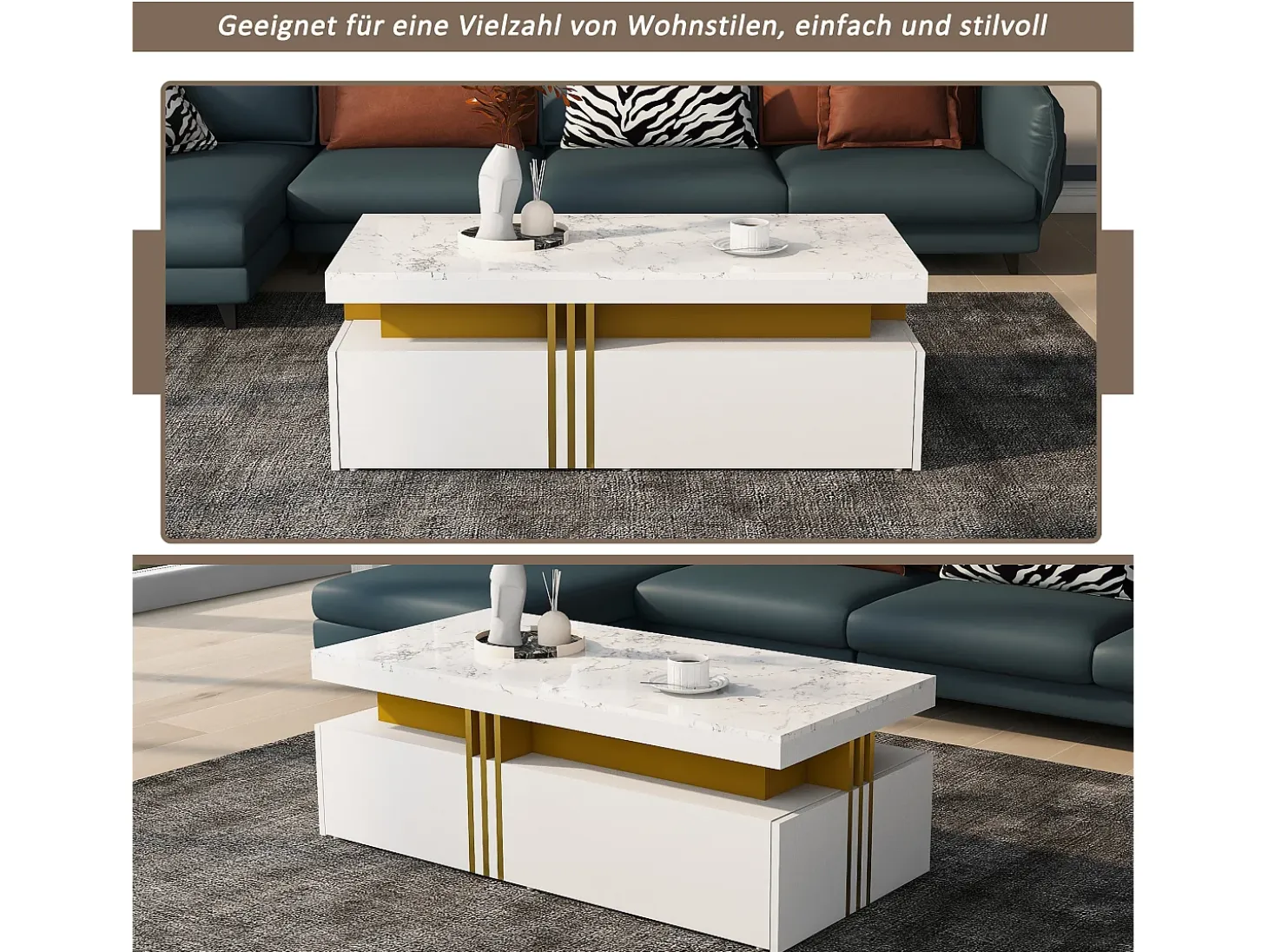 Mesa de centro rectangular con 2 cajones - 100x50x40 cm - tablero de partículas - tapa de mármol, para salón - blanco