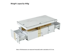 Mesa de centro rectangular - Mesa de centro con 2 cajones y superficie brillante - superficie de mármol blanco - para sala de estar