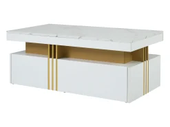 Mesa de centro rectangular - Mesa de centro con 2 cajones y superficie brillante - superficie de mármol blanco - para sala de estar