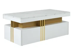 Mesa de centro rectangular - Mesa de centro con 2 cajones y superficie brillante - superficie de mármol blanco - para sala de estar