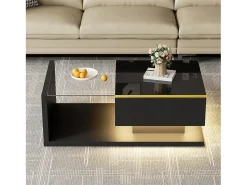 Mesa de centro rectangular 90x50x32,5cm con compartimento de almacenaje, cuerpo negro y tapa de cristal, LED incluido
