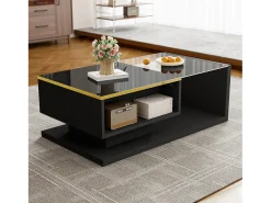 Mesa de centro rectangular 90x50x32,5cm con compartimento de almacenaje, cuerpo negro y tapa de cristal, LED incluido