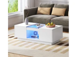 Mesa de centro rectangular 100x50x35,5cm con 2 cajones laterales y tapa de cristal, LED, color blanco
