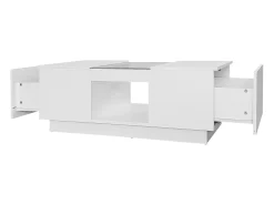 Mesa de centro rectangular 100x50x35,5cm con 2 cajones laterales y tapa de cristal, LED, color blanco