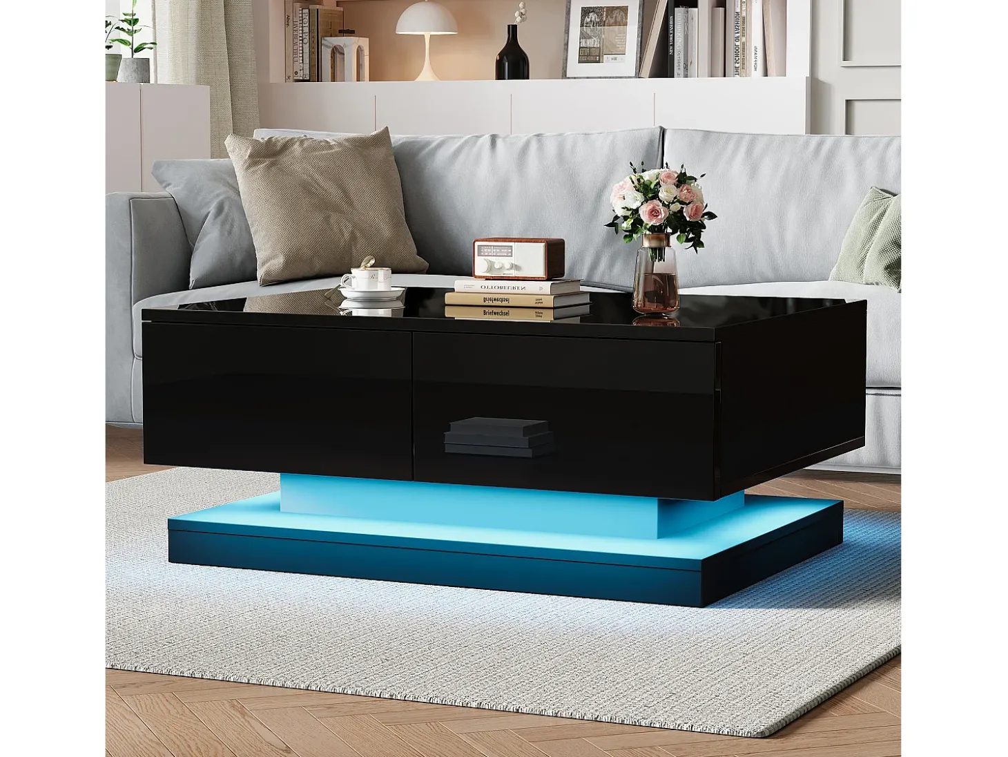 Mesa de centro rectangular 90x50x38cm con 2 cajones, LED incluido, cuerpo en lacado negro brillo