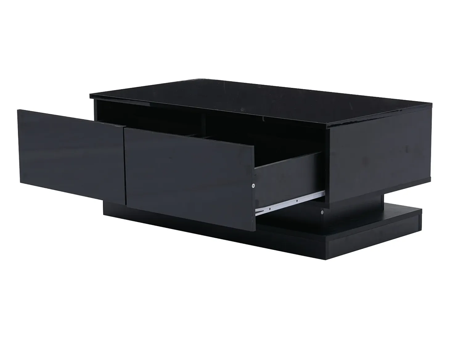 Mesa de centro rectangular 90x50x38cm con 2 cajones, LED incluido, cuerpo en lacado negro brillo