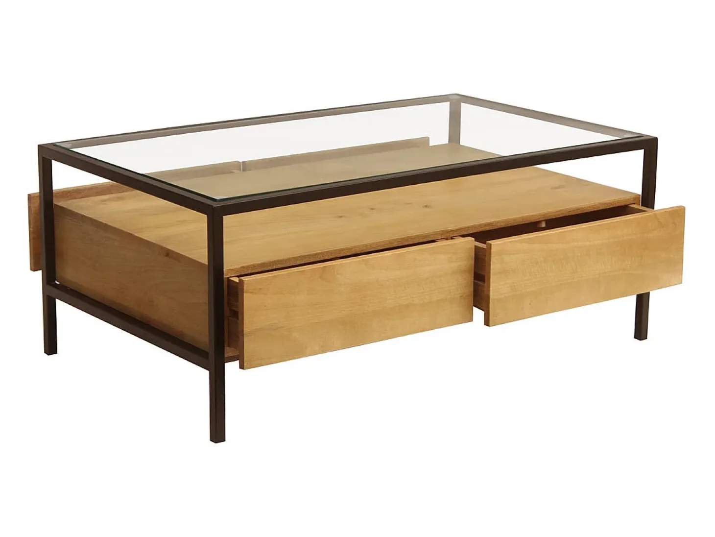 Mesa de centro rectangular con almacenaje de madera maciza de mango, cristal y metal negro 100 cm SITA