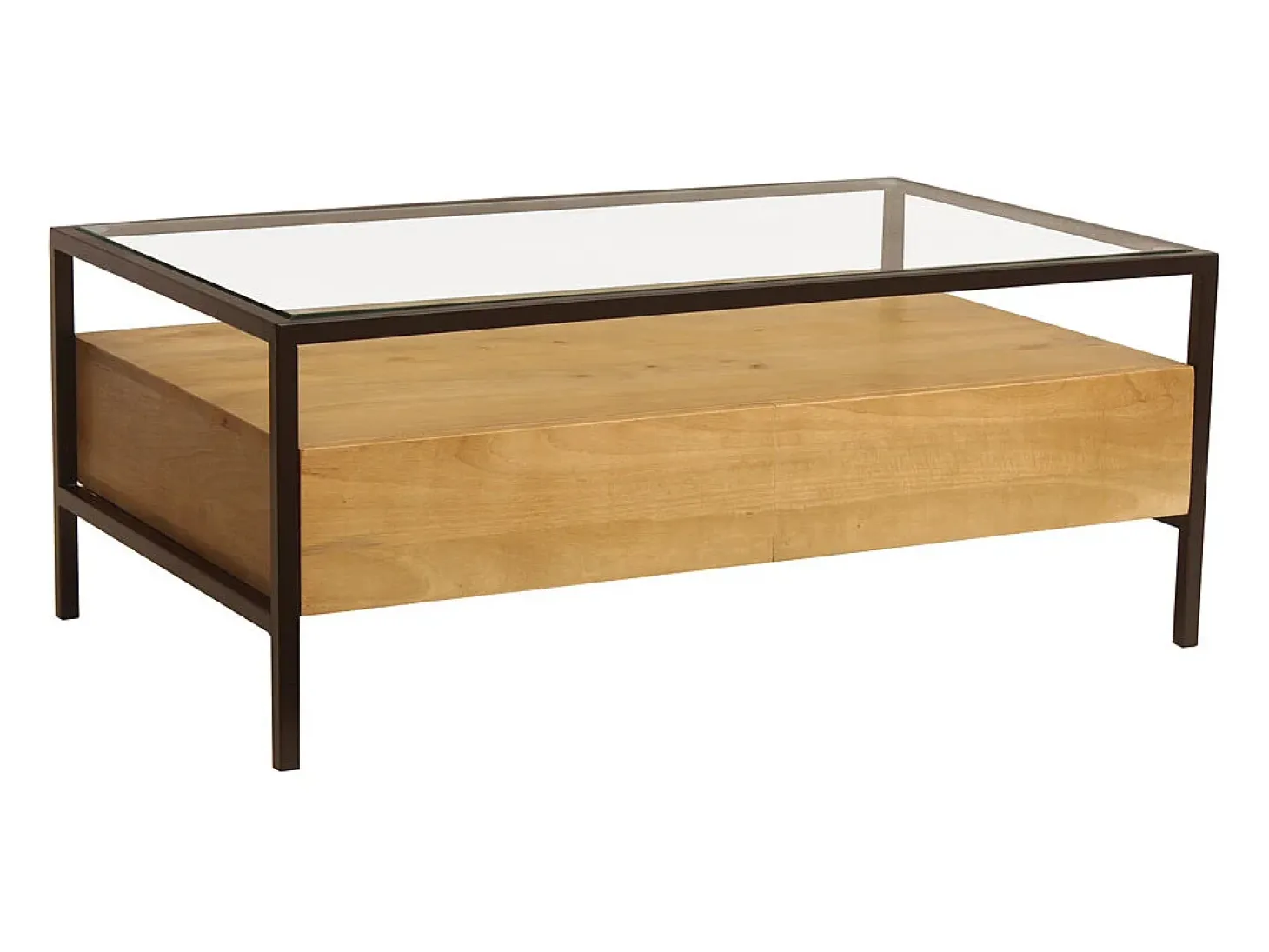 Mesa de centro rectangular con almacenaje de madera maciza de mango, cristal y metal negro 100 cm SITA