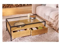 Mesa de centro rectangular con almacenaje de madera maciza de mango, cristal y metal negro 100 cm SITA