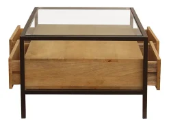 Mesa de centro rectangular con almacenaje de madera maciza de mango, cristal y metal negro 100 cm SITA