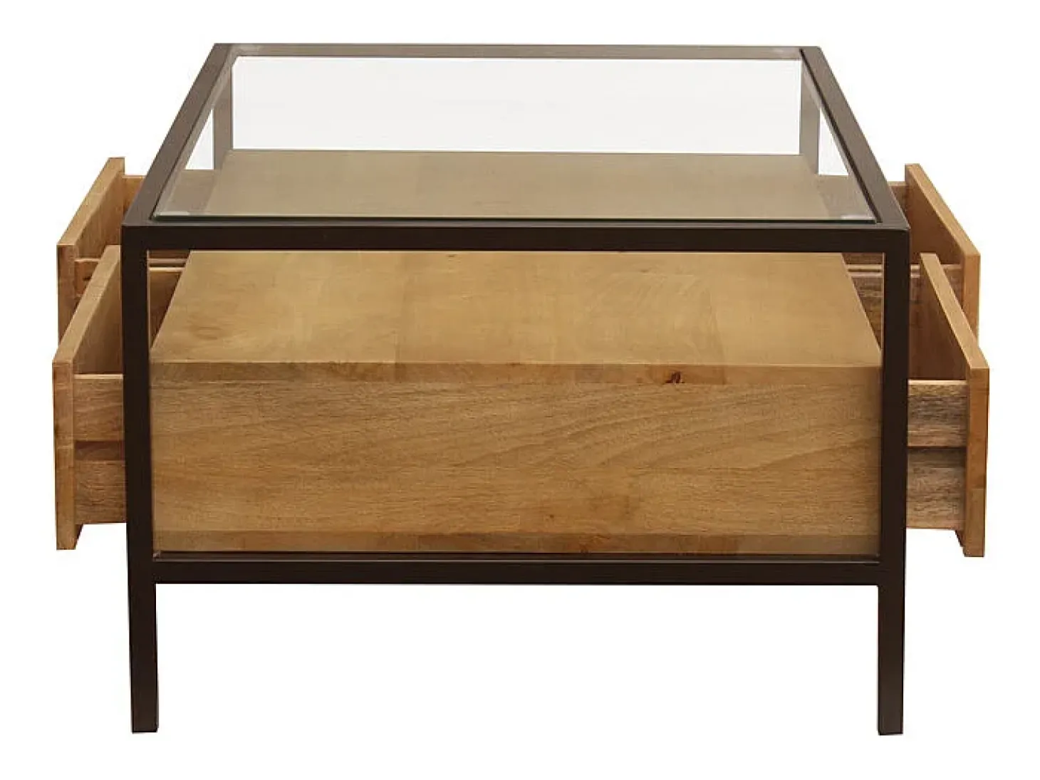 Mesa de centro rectangular con almacenaje de madera maciza de mango, cristal y metal negro 100 cm SITA