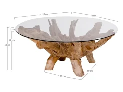 Mesa de centro redonda AMAZONAS de teca y cristal Ø110 cm