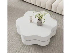 Mesa de centro redonda con tablero giratorio 360° y LED, diseño floral, MDF, crema (74,8x67,5x31 cm)