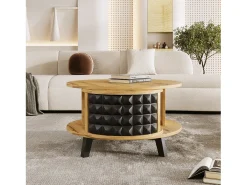 Mesa de centro redonda con estantes de almacenamiento giratorios - 85,2 x 80 x 45,2 cm - Tablero de partículas - Natural + Negro