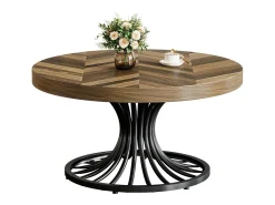 Mesa de centro redonda de madera, mesa de centro circular de 80 cm con pedestal de metal, mesa de centro industrial única, mesa de centro pequeña para sala de estar