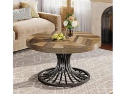 Mesa de centro redonda de madera, mesa de centro circular de 80 cm con pedestal de metal, mesa de centro industrial única, mesa de centro pequeña para sala de estar