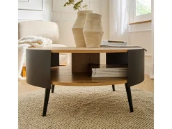 Mesa de centro redonda de 2 niveles con laterales de metal negro, Ø80 cm - EKLO